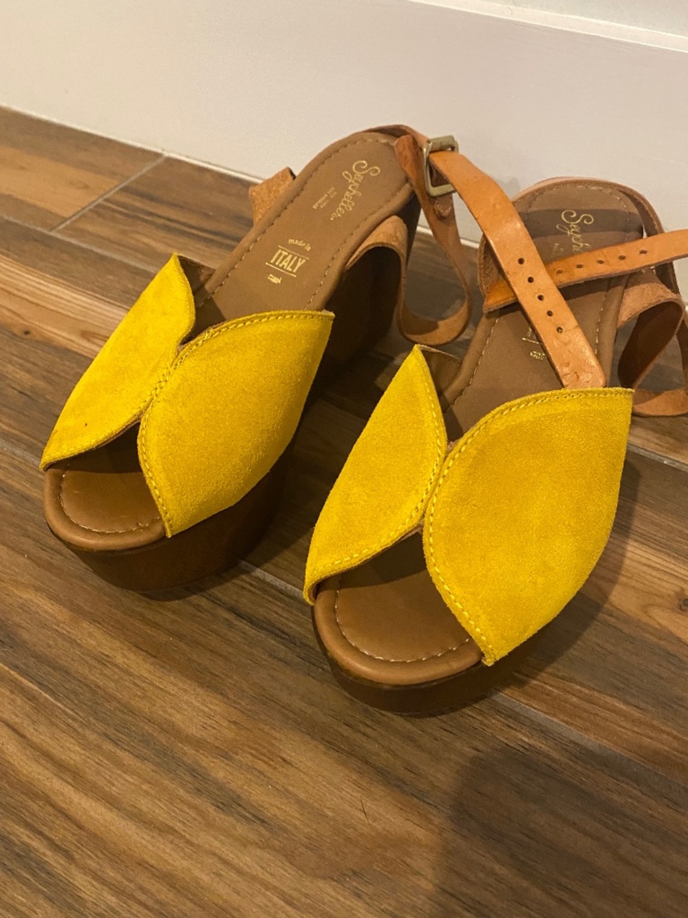 Yellow suede wood platform sandals